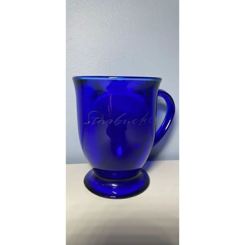 Starbucks Cobalt Blue Anchor Hocking Etched Pedestal Mug